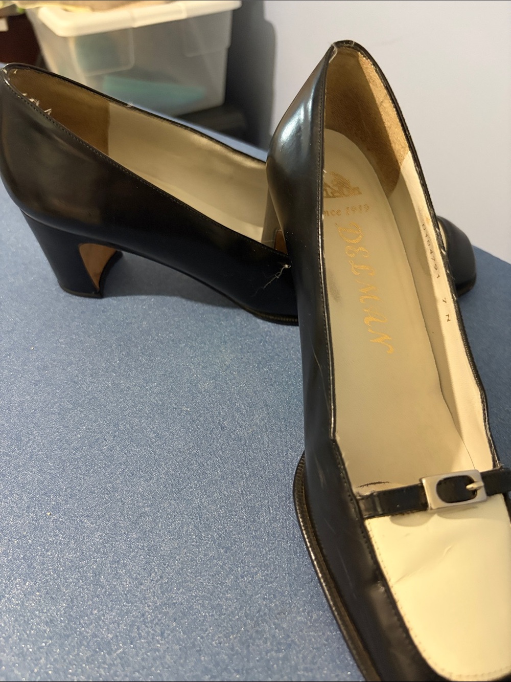 Delman Black and White Low Block Heel Pumps